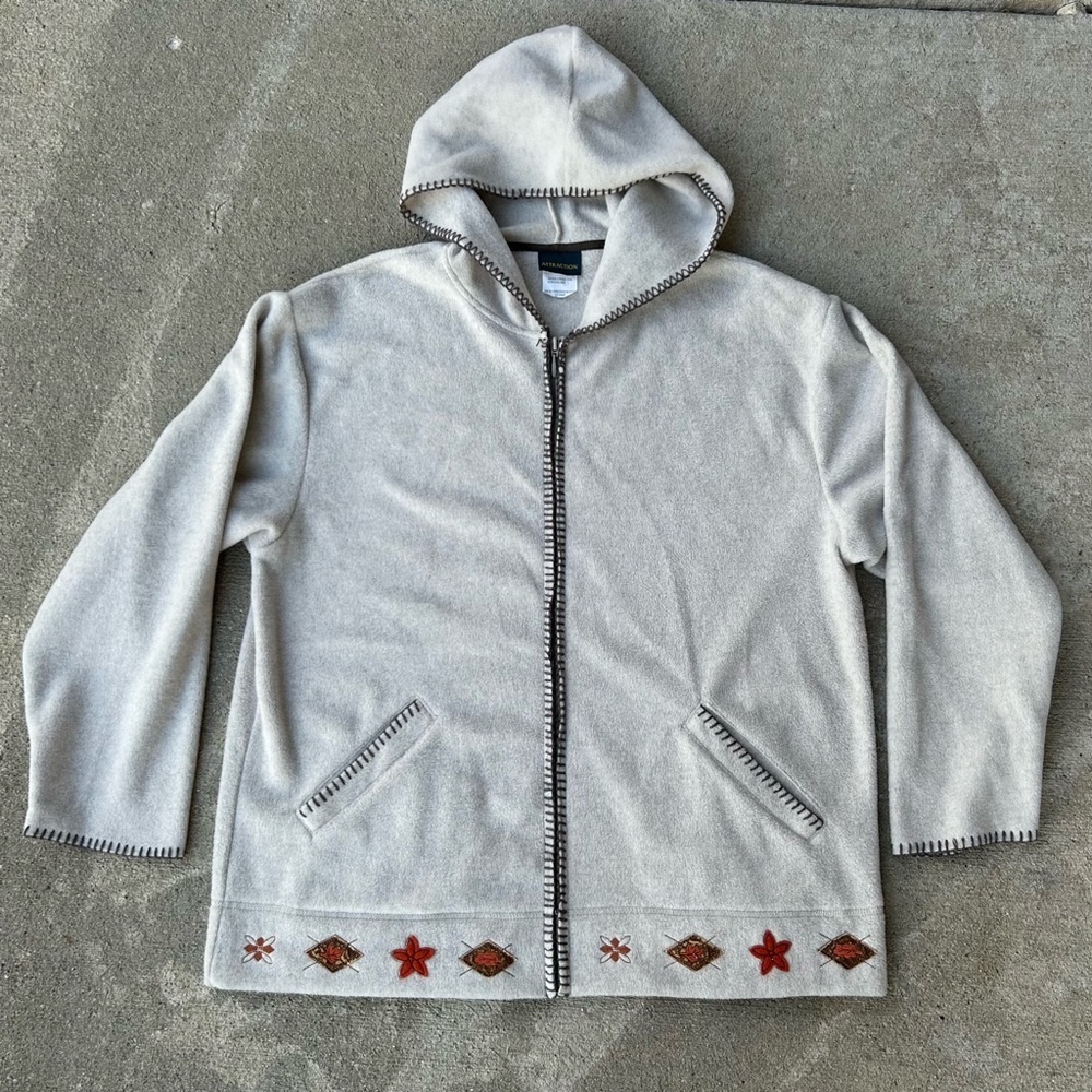 Cream Hooded Zip Up with Embroidered Details